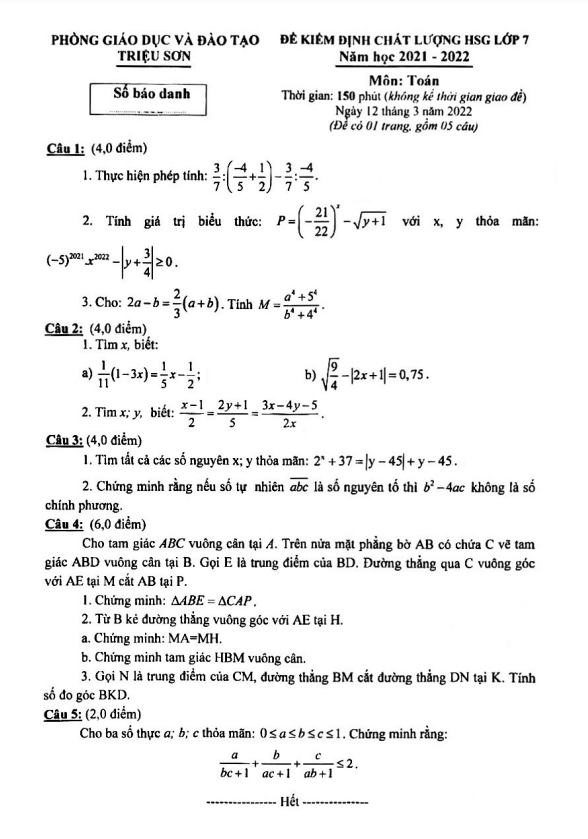 de kiem dinh hsg lop 7 mon toan nam 2021 2022 phong gd dt trieu son thanh hoa d
