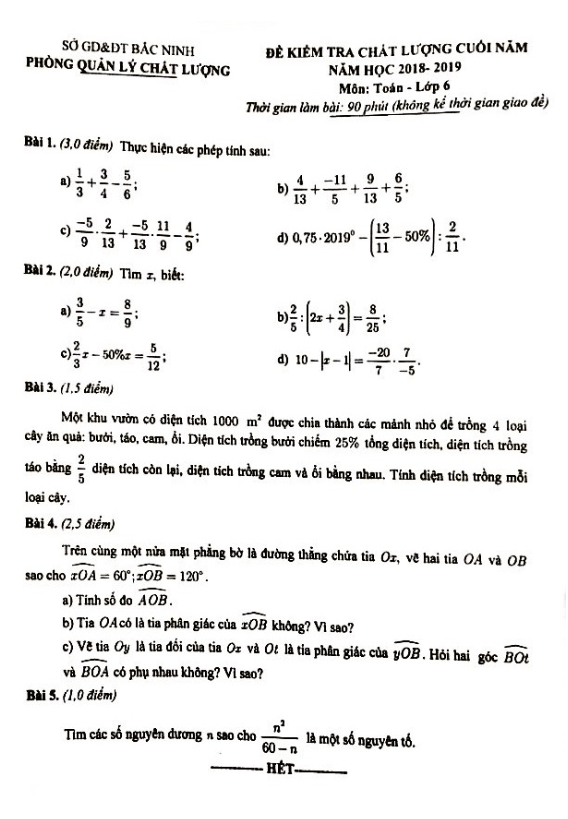 Đề kiểm tra chất lượng cuối năm lớp 6 môn Toán năm 2018 – 2019 sở GD ĐT Bắc Ninh 4 de kiem tra chat luong cuoi nam lop 6 mon toan nam 2018 e28093 2019 so gd dt bac ninh d