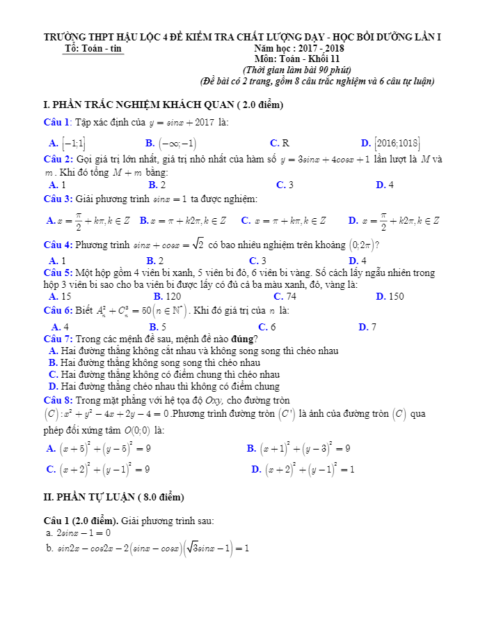 de kiem tra chat luong day hoc lop 11 mon toan lan 1 nam 2017 2018 truong hau loc 4 thanh hoa d