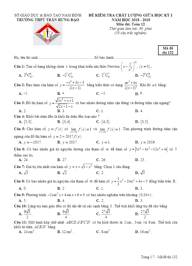 de kiem tra chat luong giua hoc ki 1 hk1 lop 12 mon toan nam 2018 2019 truong tran hung dao nam dinh d