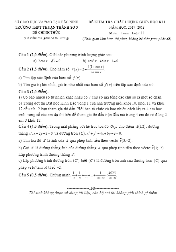 de kiem tra chat luong giua hoc ki 1 hk1 nam 2017 2018 lop 11 mon toan truong thuan thanh 3 bac ninh d
