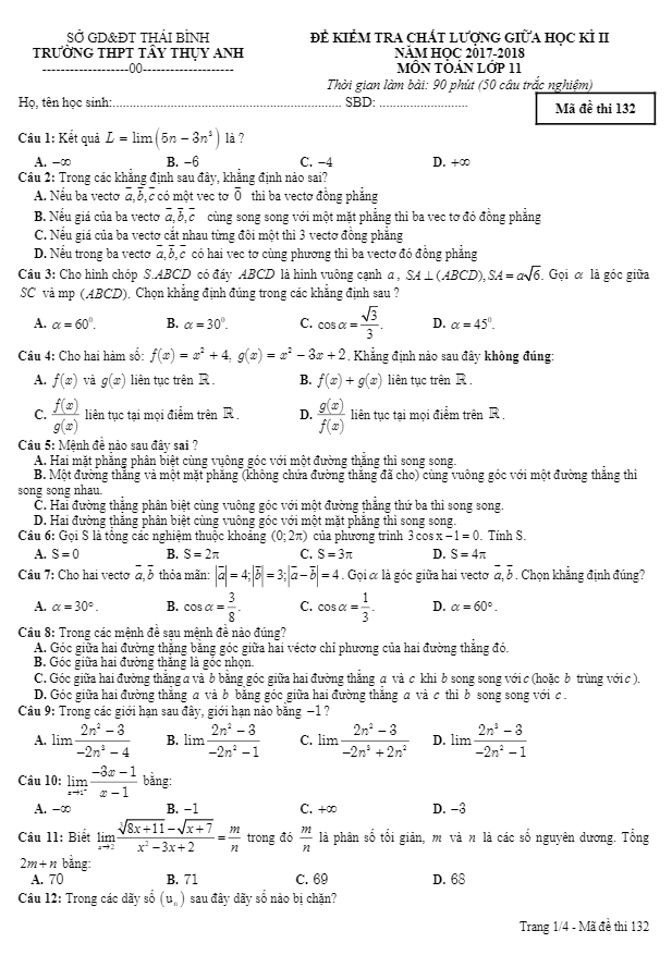 de kiem tra chat luong giua hoc ki 2 hk2 lop 11 mon toan truong tay thuy anh thai binh d