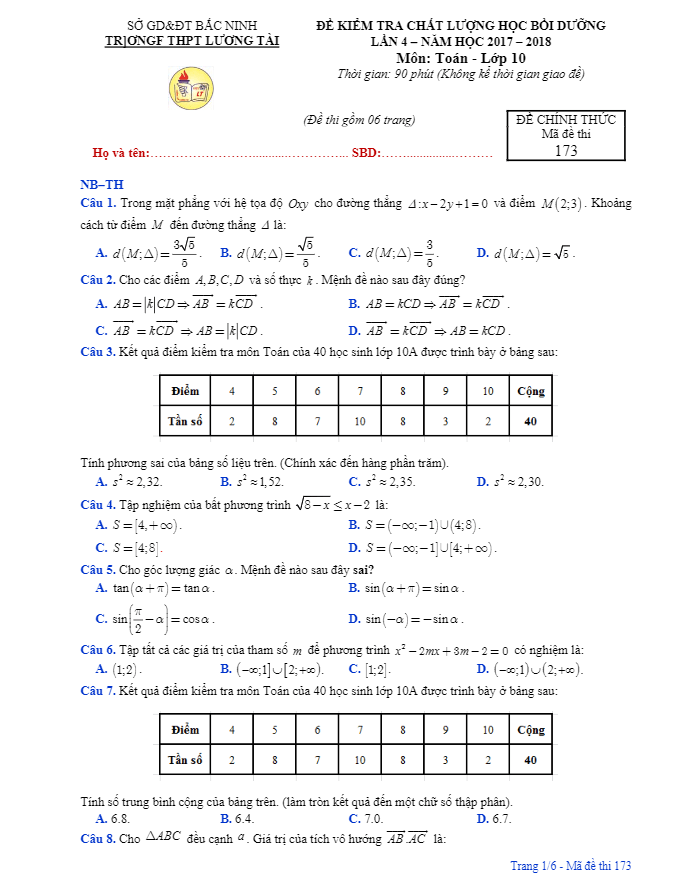de kiem tra chat luong hoc boi duong lop 10 mon toan truong thpt luong tai bac ninh d