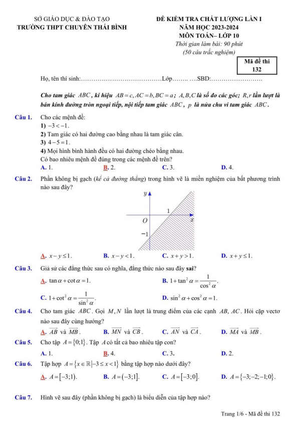 de kiem tra chat luong lan 1 lop 10 mon toan nam 2023 2024 truong thpt chuyen thai binh d