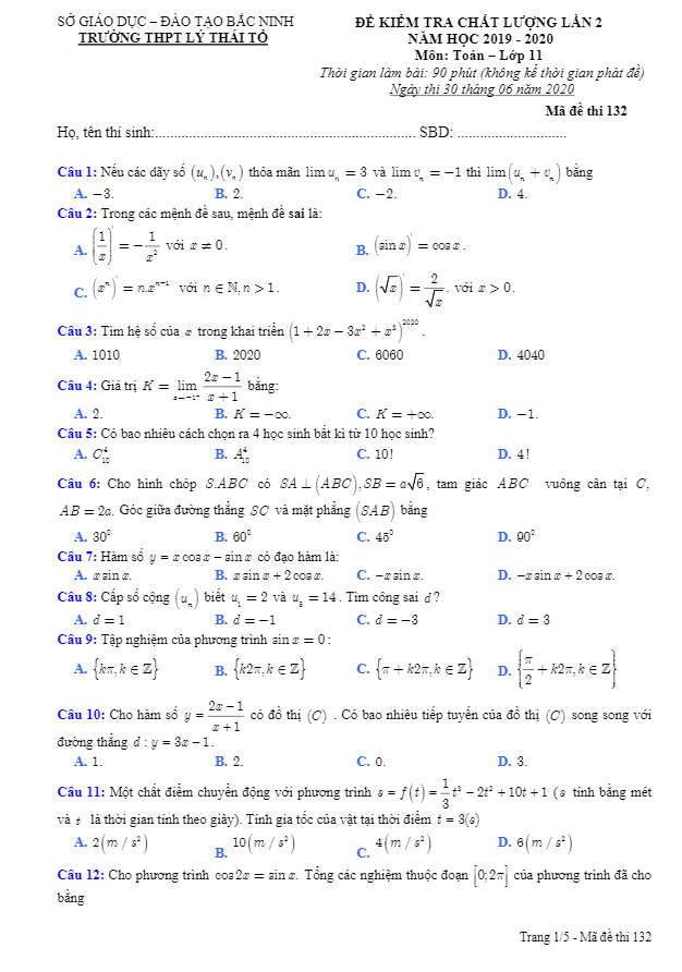 de kiem tra chat luong lop 11 mon toan lan 2 nam 2019 2020 truong thpt ly thai to bac ninh d