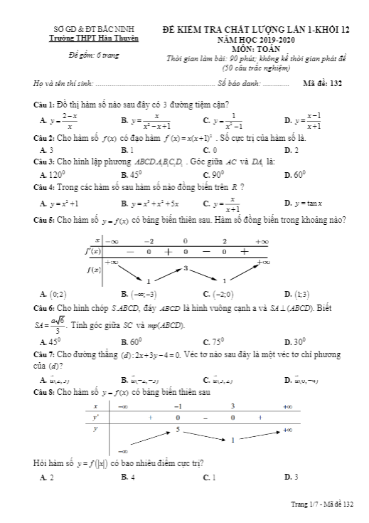 de kiem tra chat luong lop 12 mon toan lan 1 nam 2019 2020 truong han thuyen bac ninh d