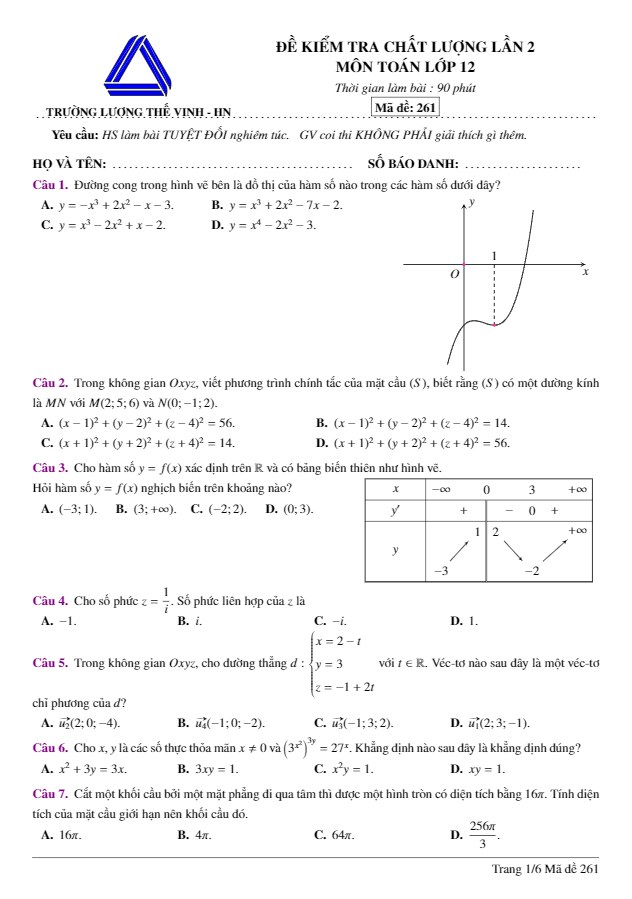 de kiem tra chat luong lop 12 mon toan lan 2 nam 2020 truong luong the vinh ha noi d