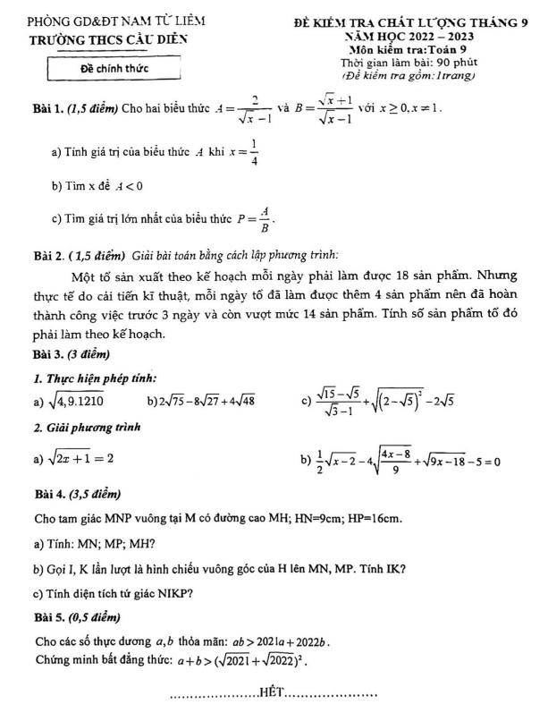 de kiem tra chat luong lop 9 mon toan thang 9 nam 2022 truong thcs cau dien ha noi d