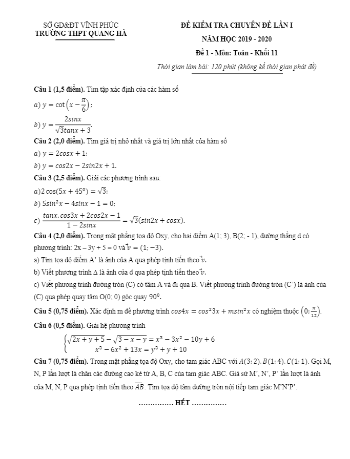 de kiem tra chuyen de lop 11 mon toan lan 1 nam 2019 e28093 2020 truong quang ha e28093 vinh phuc d