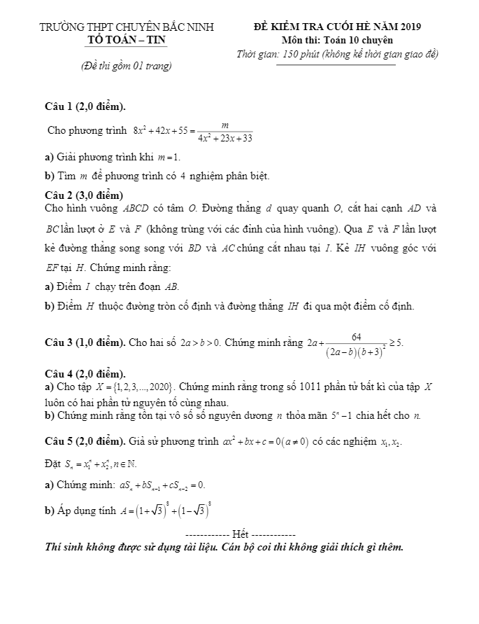 Đề kiểm tra cuối hè năm 2019 lớp 10 môn Toán trường THPT chuyên Bắc Ninh 2 de kiem tra cuoi he nam 2019 lop 10 mon toan truong thpt chuyen bac ninh d