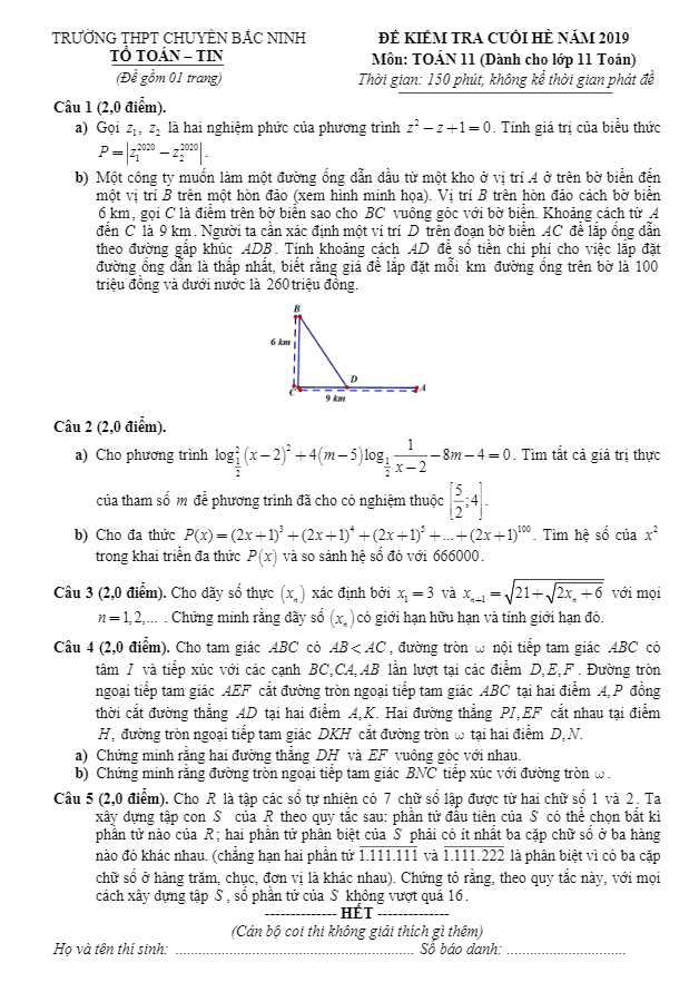 Đề kiểm tra cuối hè năm 2019 lớp 11 môn Toán trường THPT chuyên Bắc Ninh 6 de kiem tra cuoi he nam 2019 lop 11 mon toan truong thpt chuyen bac ninh d