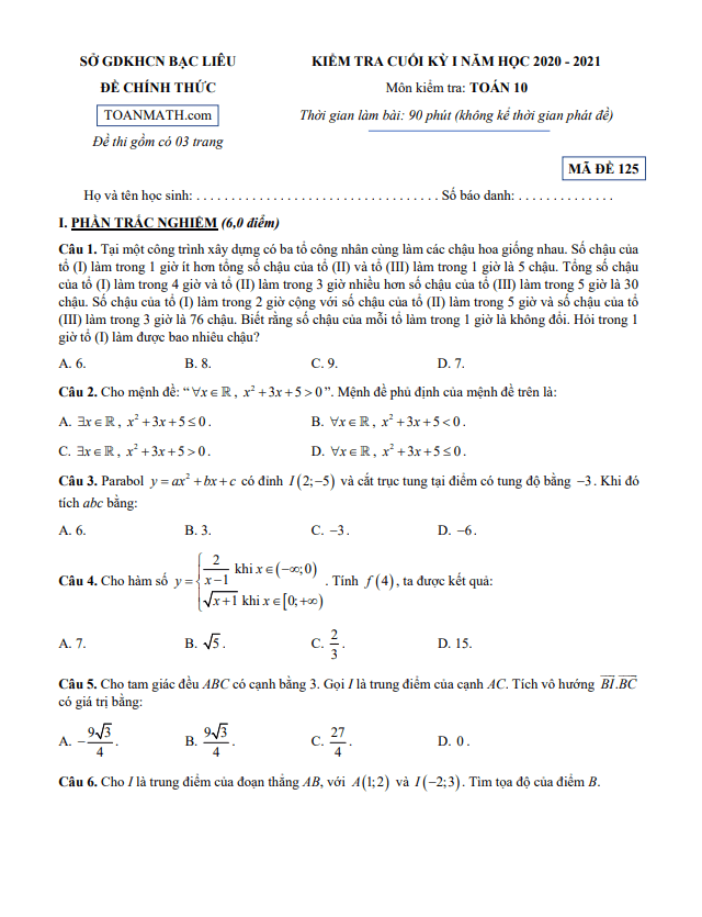 de kiem tra cuoi hoc ki 1 hk1 lop 10 mon toan nam 2020 2021 so gdkhcn bac lieu d