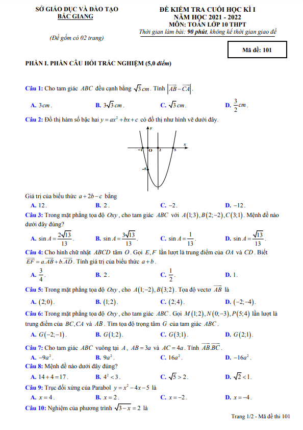 Đề kiểm tra cuối học kì 1 (HK1) lớp 10 môn Toán năm 2021 2022 sở GD ĐT Bắc Giang 6 de kiem tra cuoi hoc ki 1 hk1 lop 10 mon toan nam 2021 2022 so gd dt bac giang d