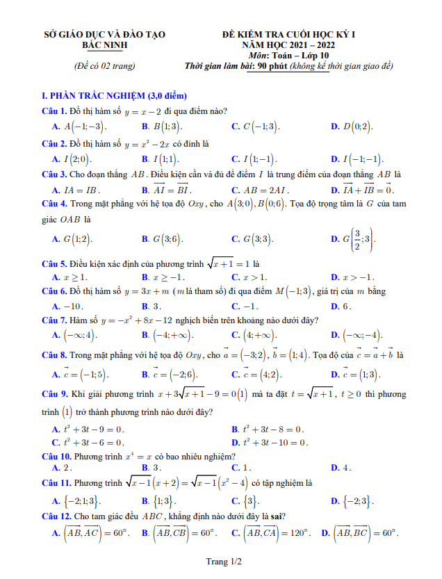 de kiem tra cuoi hoc ki 1 hk1 lop 10 mon toan nam 2021 2022 so gd dt bac ninh d