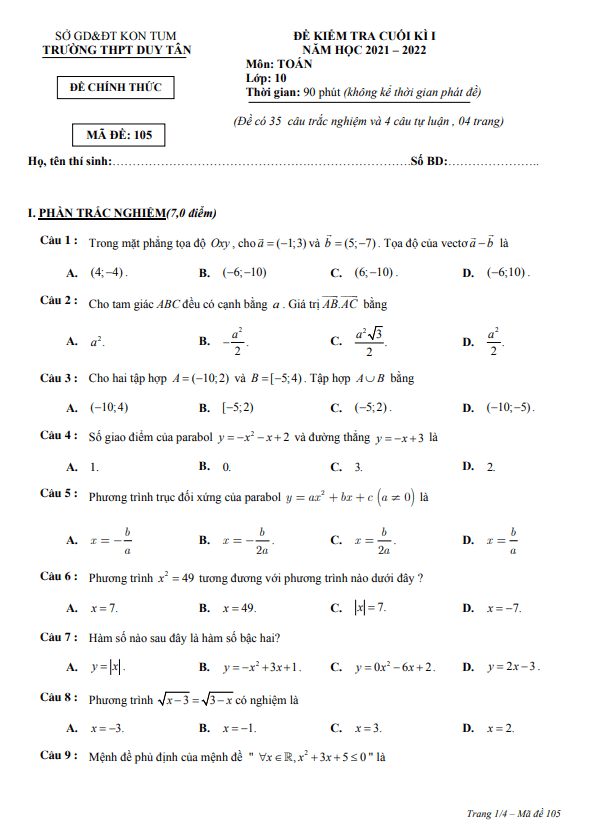 de kiem tra cuoi hoc ki 1 hk1 lop 10 mon toan nam 2021 2022 truong thpt duy tan kon tum d