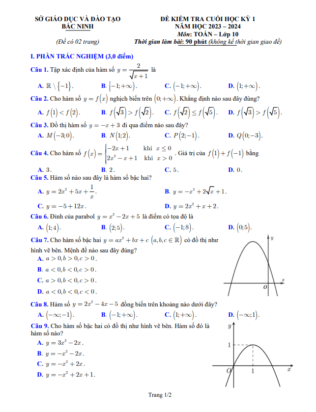 de kiem tra cuoi hoc ki 1 hk1 lop 10 mon toan nam 2023 2024 so gd dt bac ninh d