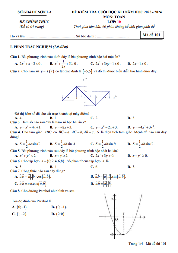 de kiem tra cuoi hoc ki 1 hk1 lop 10 mon toan nam 2023 2024 so gd dt son la d