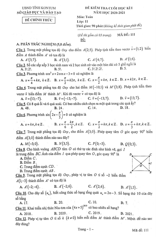 de kiem tra cuoi hoc ki 1 hk1 lop 11 mon toan nam 2020 2021 so gd dt kon tum d