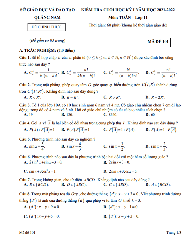 de kiem tra cuoi hoc ki 1 hk1 lop 11 mon toan nam 2021 2022 so gd dt quang nam d