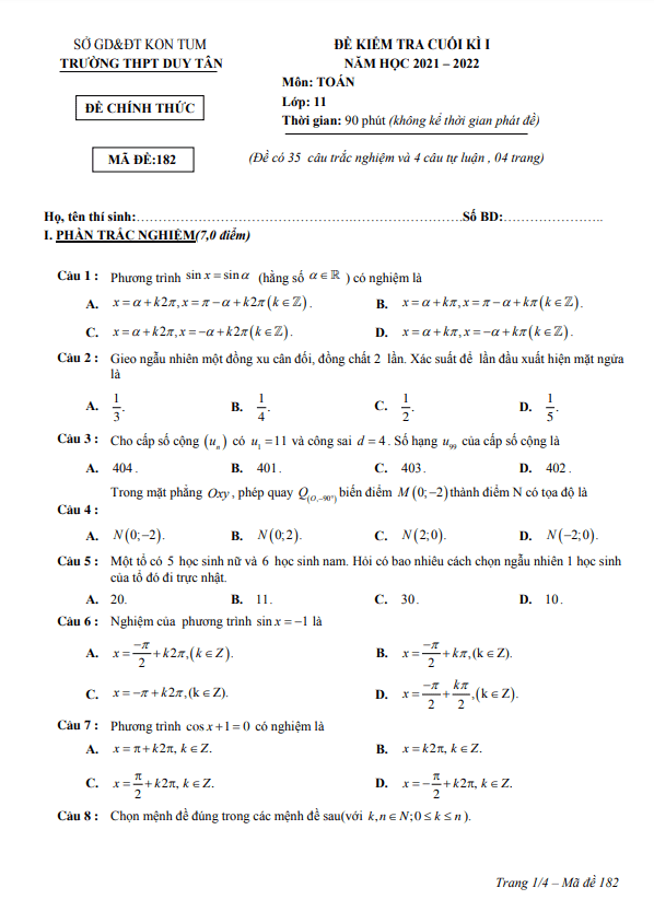 Đề kiểm tra cuối học kì 1 (HK1) lớp 11 môn Toán năm 2021 2022 trường THPT Duy Tân Kon Tum 3 de kiem tra cuoi hoc ki 1 hk1 lop 11 mon toan nam 2021 2022 truong thpt duy tan kon tum d