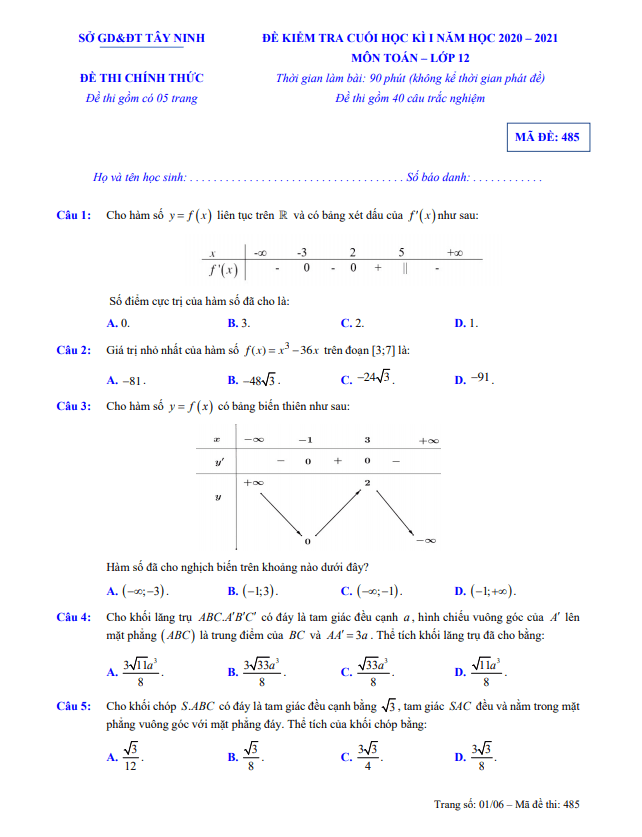de kiem tra cuoi hoc ki 1 hk1 lop 12 mon toan nam 2020 2021 so gd dt tay ninh d