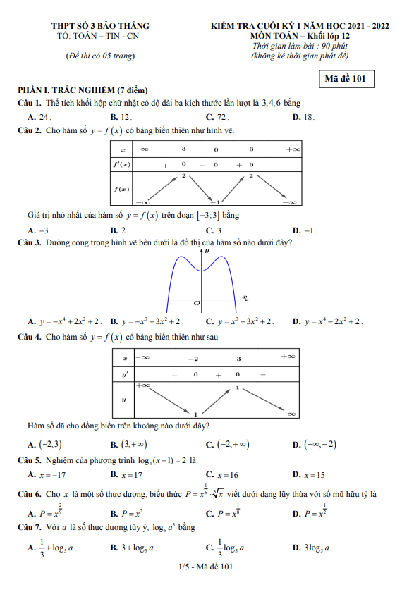 de kiem tra cuoi hoc ki 1 hk1 lop 12 mon toan nam 2021 2022 truong thpt bao thang 3 lao cai d
