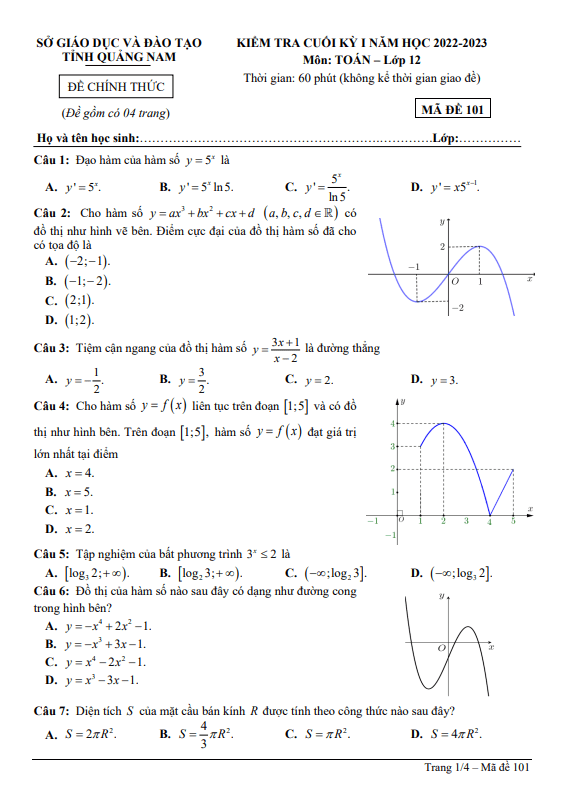 de kiem tra cuoi hoc ki 1 hk1 lop 12 mon toan nam 2022 2023 so gd dt quang nam d
