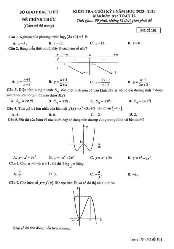 de kiem tra cuoi hoc ki 1 hk1 lop 12 mon toan nam 2023 2024 so gd dt bac lieu d