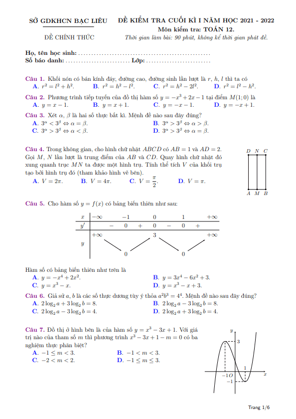 de kiem tra cuoi hoc ki 1 hk1 lop 12 mon toan nam hoc 2021 2022 so gdkhcn bac lieu d