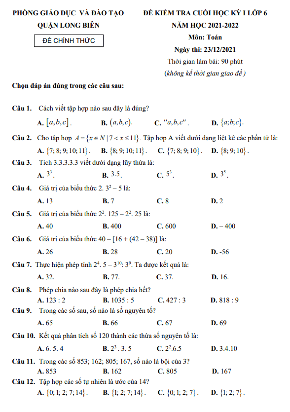 de kiem tra cuoi hoc ki 1 hk1 lop 6 mon toan nam 2021 2022 phong gd dt long bien ha noi d