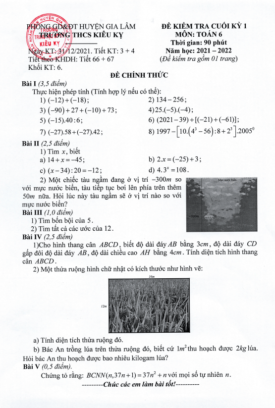 de kiem tra cuoi hoc ki 1 hk1 lop 6 mon toan nam 2021 2022 truong thcs kieu ky ha noi d