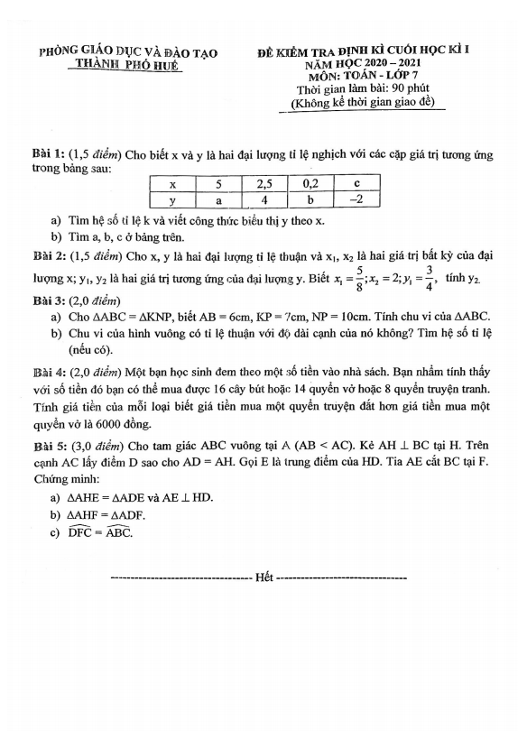 de kiem tra cuoi hoc ki 1 hk1 lop 7 mon toan nam 2020 2021 phong gd dt thanh pho hue d