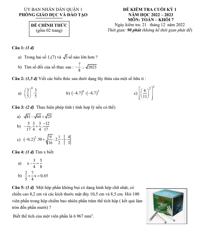 Đề kiểm tra cuối học kì 1 (HK1) lớp 7 môn Toán năm 2022 2023 phòng GD ĐT Quận 1 TP HCM 6 de kiem tra cuoi hoc ki 1 hk1 lop 7 mon toan nam 2022 2023 phong gd dt quan 1 tp hcm d