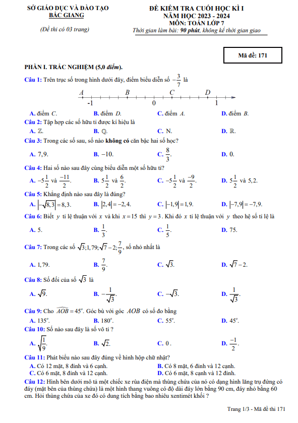de kiem tra cuoi hoc ki 1 hk1 lop 7 mon toan nam 2023 2024 so gd dt bac giang d