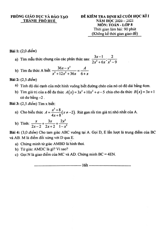 de kiem tra cuoi hoc ki 1 hk1 lop 8 mon toan nam 2020 2021 phong gd dt thanh pho hue d