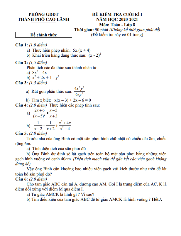 de kiem tra cuoi hoc ki 1 hk1 lop 8 mon toan nam 2020 2021 phong gd dt tp cao lanh dong thap d