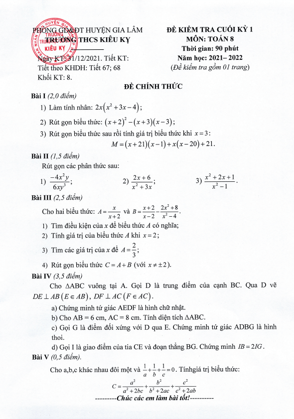 de kiem tra cuoi hoc ki 1 hk1 lop 8 mon toan nam 2021 2022 truong thcs kieu ky ha noi d