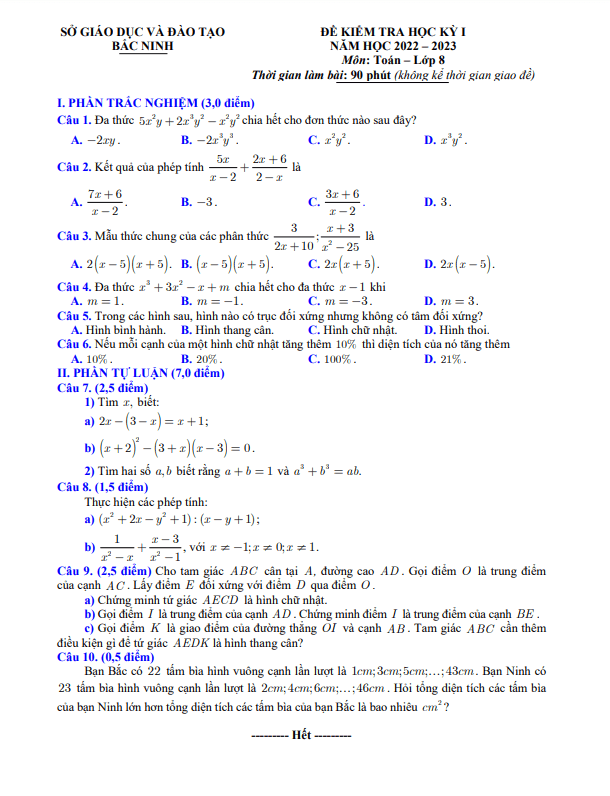 de kiem tra cuoi hoc ki 1 hk1 lop 8 mon toan nam 2022 2023 so gd dt bac ninh d