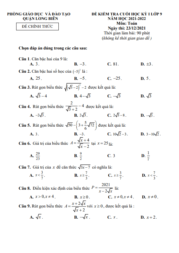 de kiem tra cuoi hoc ki 1 hk1 lop 9 mon toan nam 2021 2022 phong gd dt long bien ha noi d