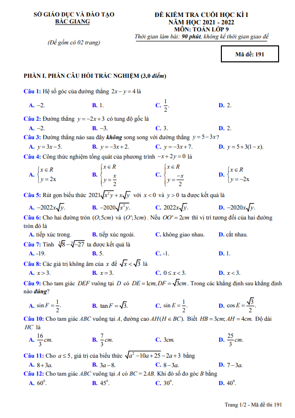 de kiem tra cuoi hoc ki 1 hk1 lop 9 mon toan nam 2021 2022 so gd dt bac giang d