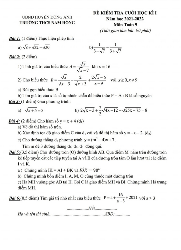 de kiem tra cuoi hoc ki 1 hk1 lop 9 mon toan nam 2021 2022 truong thcs nam hong ha noi d
