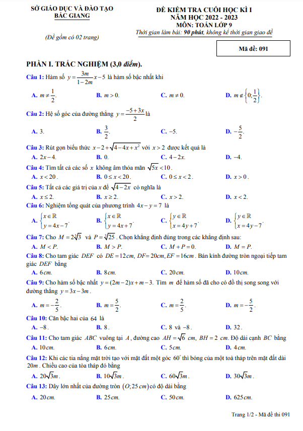 de kiem tra cuoi hoc ki 1 hk1 lop 9 mon toan nam 2022 2023 so gd dt bac giang d