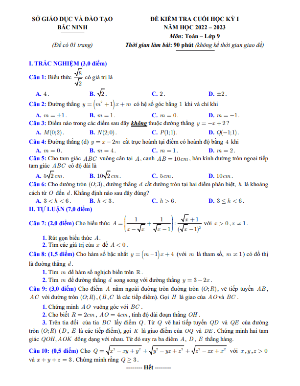 de kiem tra cuoi hoc ki 1 hk1 lop 9 mon toan nam 2022 2023 so gd dt bac ninh d