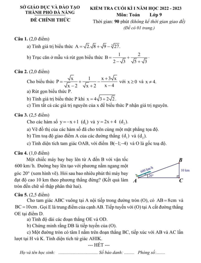 de kiem tra cuoi hoc ki 1 hk1 lop 9 mon toan nam 2022 2023 so gd dt da nang d