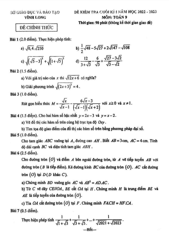 Đề kiểm tra cuối học kì 1 (HK1) lớp 9 môn Toán năm 2022 2023 sở GD ĐT Vĩnh Long 1 de kiem tra cuoi hoc ki 1 hk1 lop 9 mon toan nam 2022 2023 so gd dt vinh long d