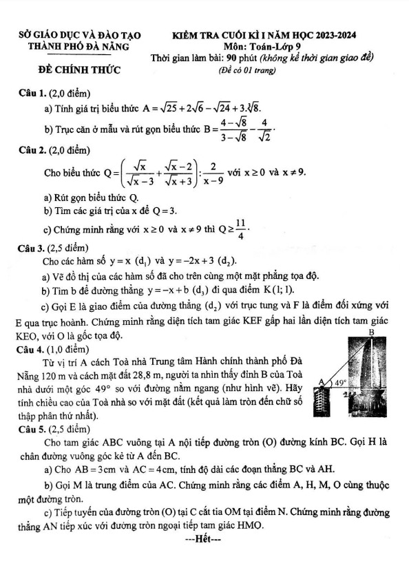 de kiem tra cuoi hoc ki 1 hk1 lop 9 mon toan nam 2023 2024 so gd dt da nang d