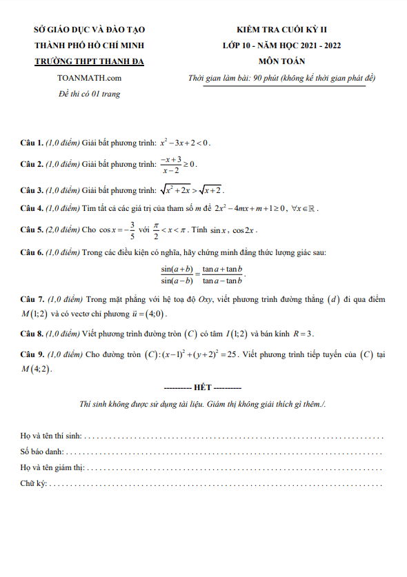 de kiem tra cuoi hoc ki 2 hk2 lop 10 mon toan nam 2021 2022 truong thpt thanh da tp hcm d