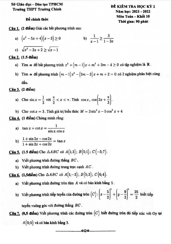 de kiem tra cuoi hoc ki 2 hk2 lop 10 mon toan nam 2021 2022 truong thpt truong chinh tp hcm d