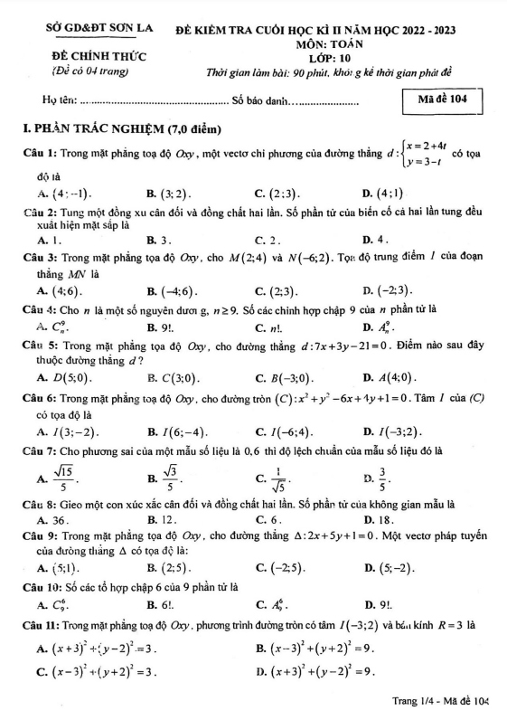 Đề kiểm tra cuối học kì 2 (HK2) lớp 10 môn Toán năm 2022 2023 sở GD ĐT Sơn La 7 de kiem tra cuoi hoc ki 2 hk2 lop 10 mon toan nam 2022 2023 so gd dt son la d