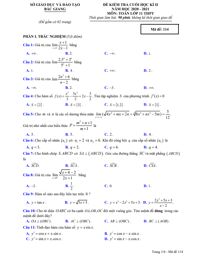 Đề kiểm tra cuối học kì 2 (HK2) lớp 11 môn Toán năm 2020 2021 sở GD ĐT Bắc Giang 5 de kiem tra cuoi hoc ki 2 hk2 lop 11 mon toan nam 2020 2021 so gd dt bac giang d